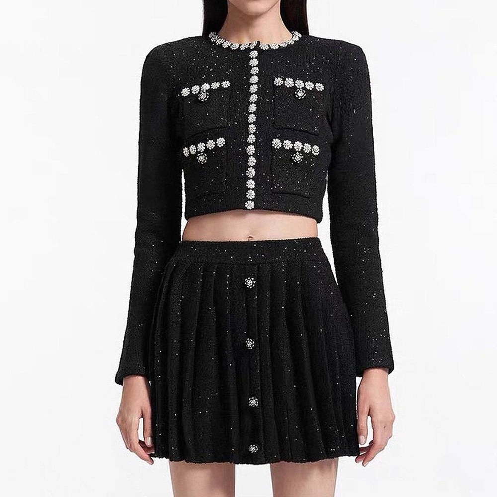 Self-Portrait Black Tweed Jeweled Cropped Jacket & Pleated Mini Skirt